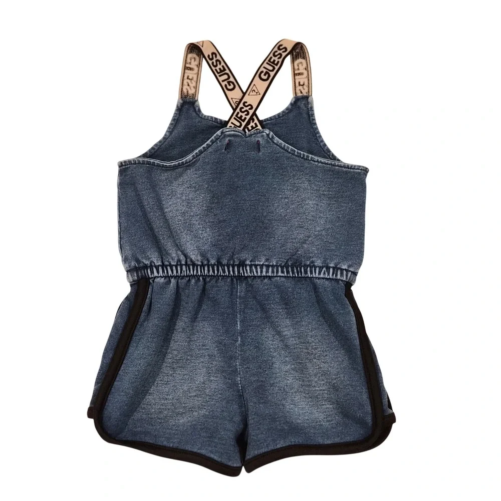 Guess Girls Denim Blue Romper Logo Straps Beaded Pocket Size 3